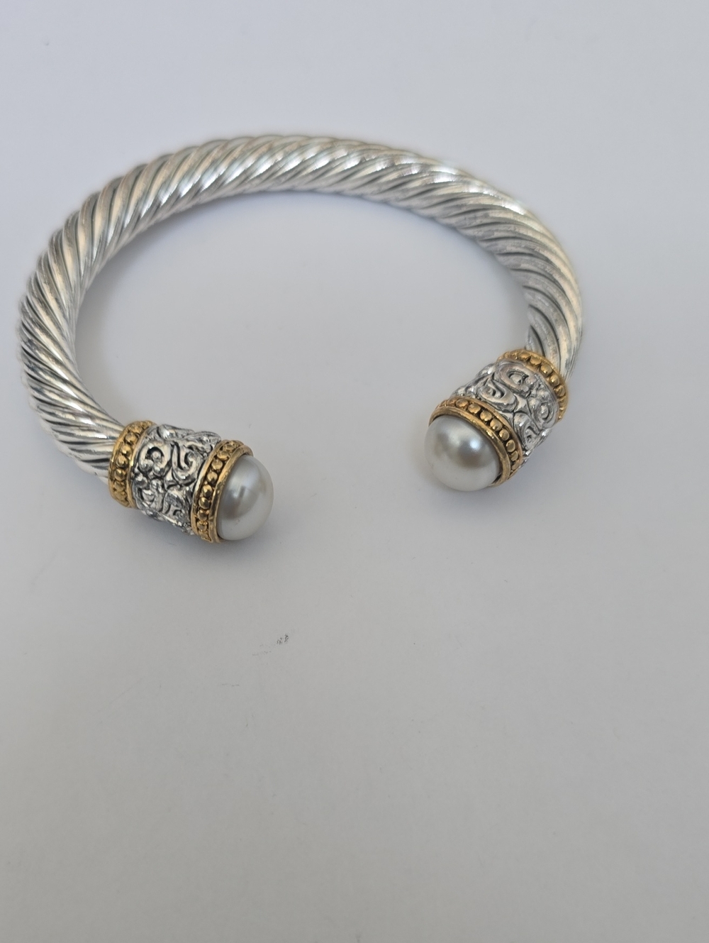 Silver-Tone Open Cuff Bracelet with Pearl End Caps